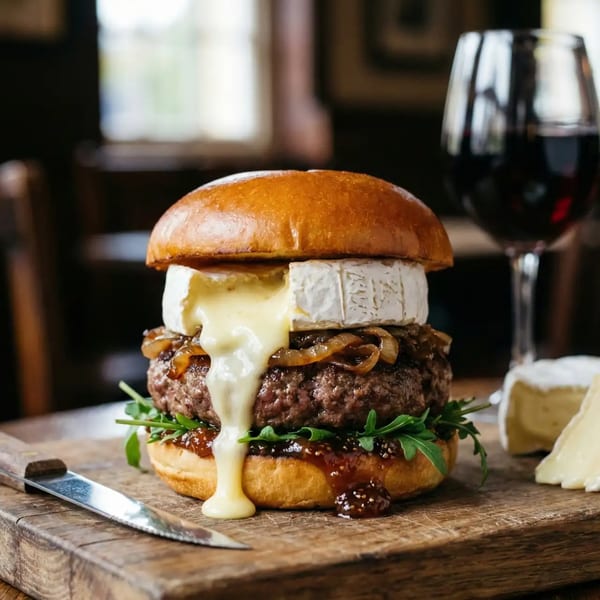 Donny's Burger with melted brie, caramelized onions, fig jam, and arugula, served with red wine.