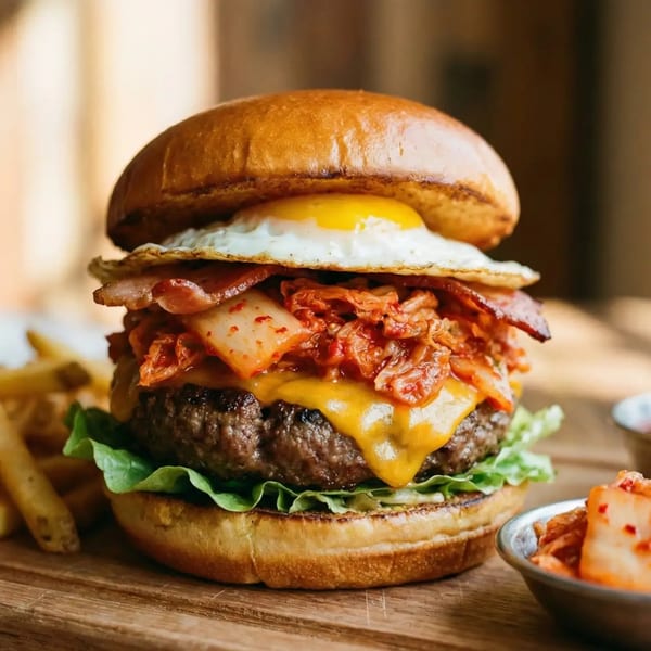Donny's Burger with a fried egg, bacon, kimchi, melted cheese, and lettuce on a bun.