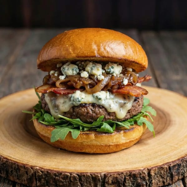 Donny's Burgers' gourmet burger with blue cheese, caramelized onions, bacon, and arugula on a wooden board.