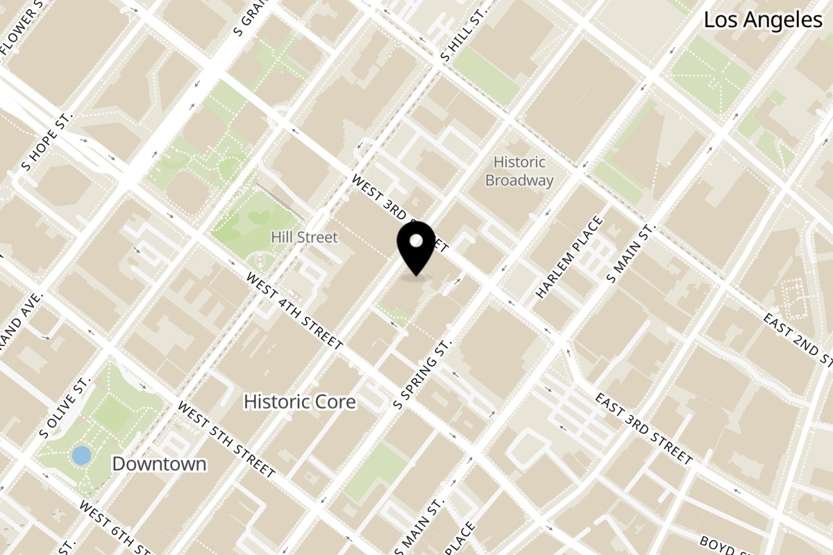 Map showing the location of Donny's Burgers Wilderness Oak on 312 S Broadway in Los Angeles